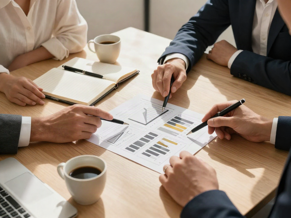 A collaborative business review with printed analytics, a notebook and a laptop