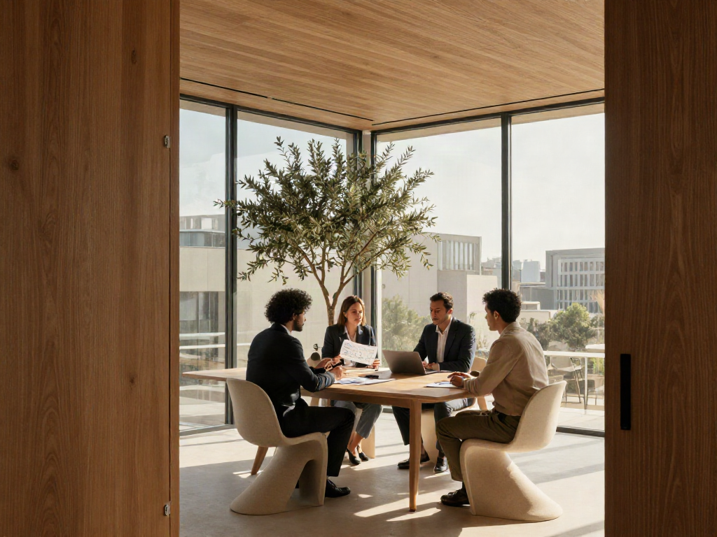 Business leaders discussing strategy in a warm, sunlit meeting room
